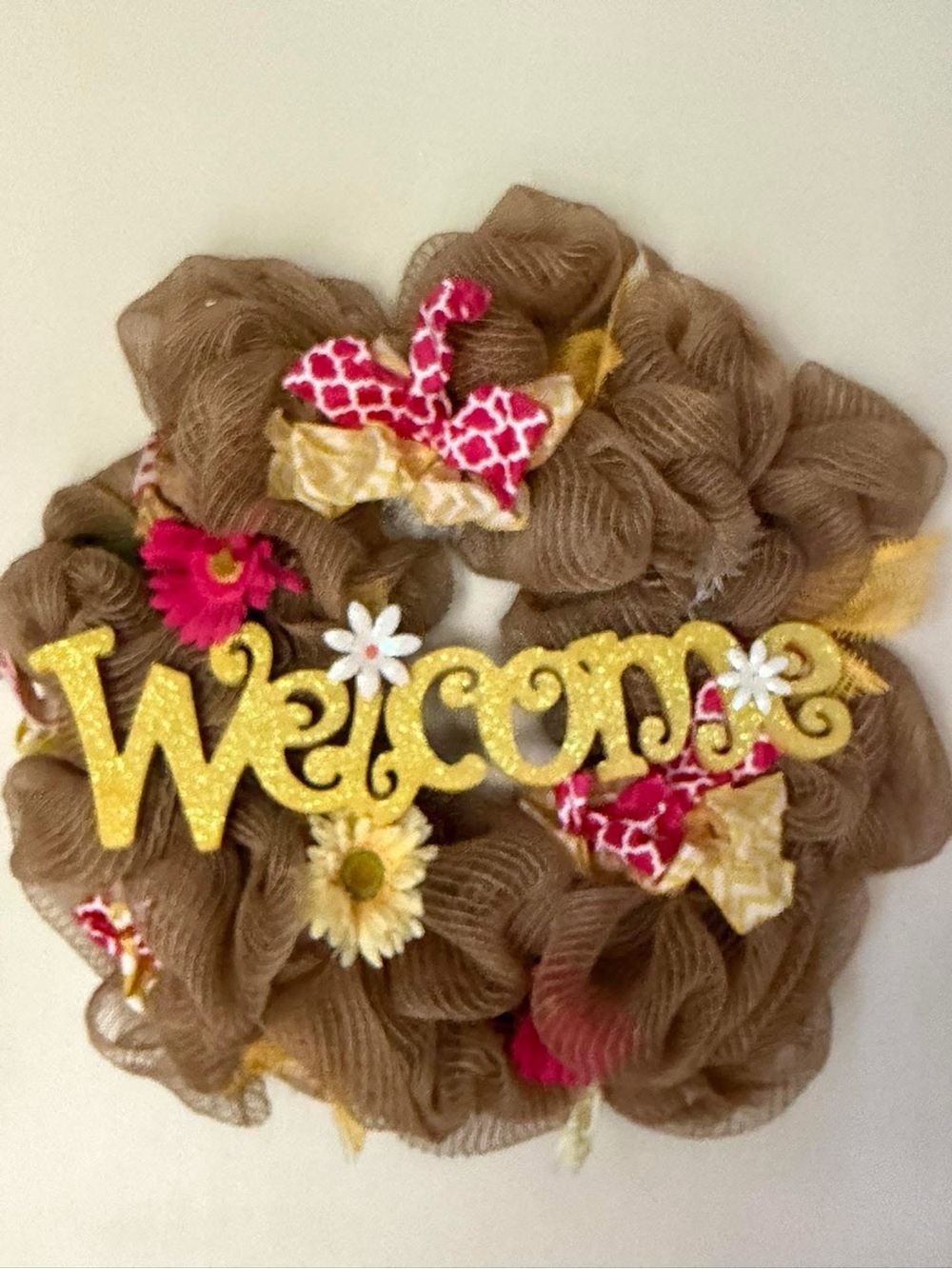 Welcome Burlap Spring Wreath with Yellow Sign and Pink Accents